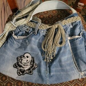 Upcycled Denim Blue Jean Cross-Body Tote Handmade Hippie Skull Cross New Patches
